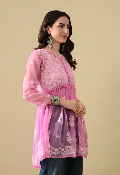 SOFT GEAORGETTE CHIKAN HANDWORK SHORT GOWN | PINK