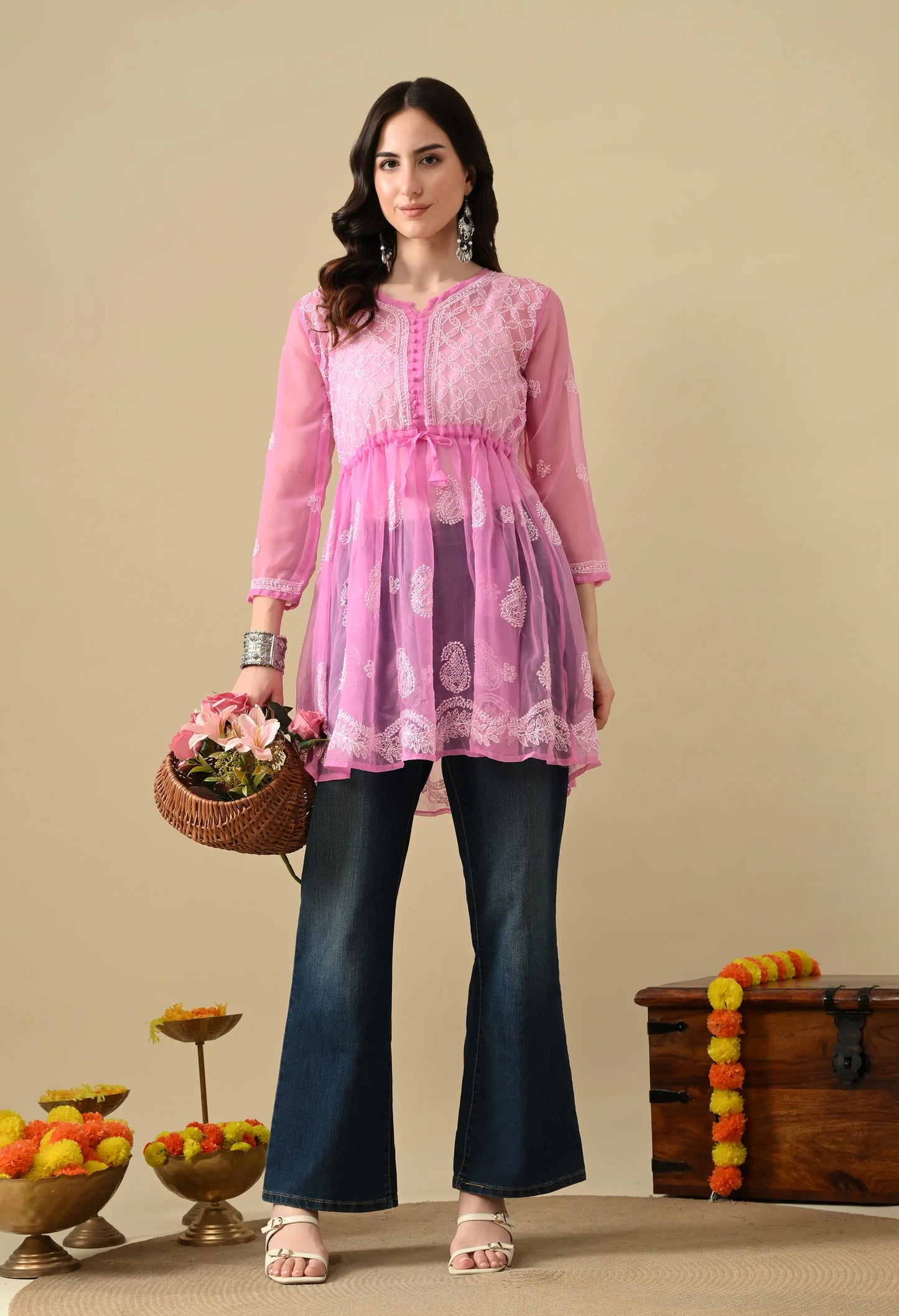 SOFT GEAORGETTE CHIKAN HANDWORK SHORT GOWN | PINK