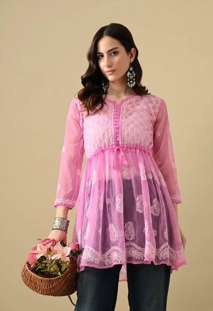 SOFT GEAORGETTE CHIKAN HANDWORK SHORT GOWN | PINK