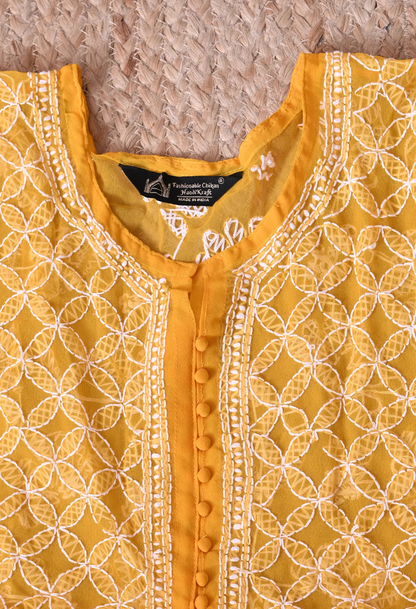 SOFT GEAORGETTE CHIKAN HANDWORK SHORT GOWN | MUSTARD YELLOW