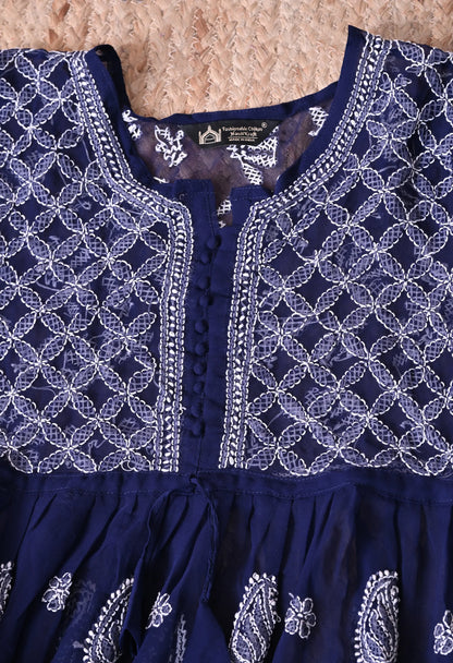 SOFT GEAORGETTE CHIKAN HANDWORK SHORT GOWN | NAVY BLUE