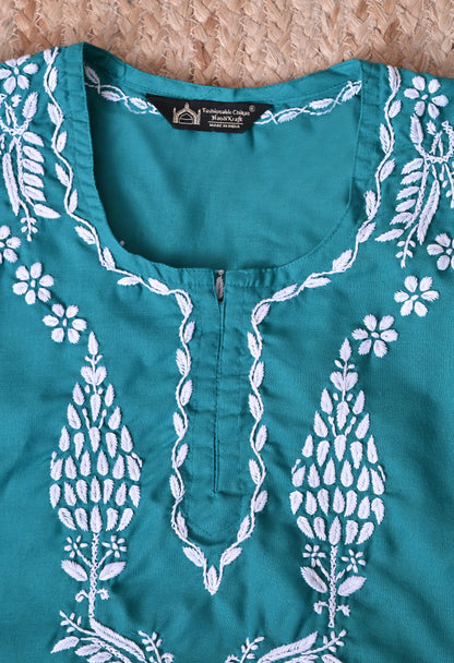 Women Hand Embroidered Lucknowi Chikankari Cotton Straight Short Top | Rama Green