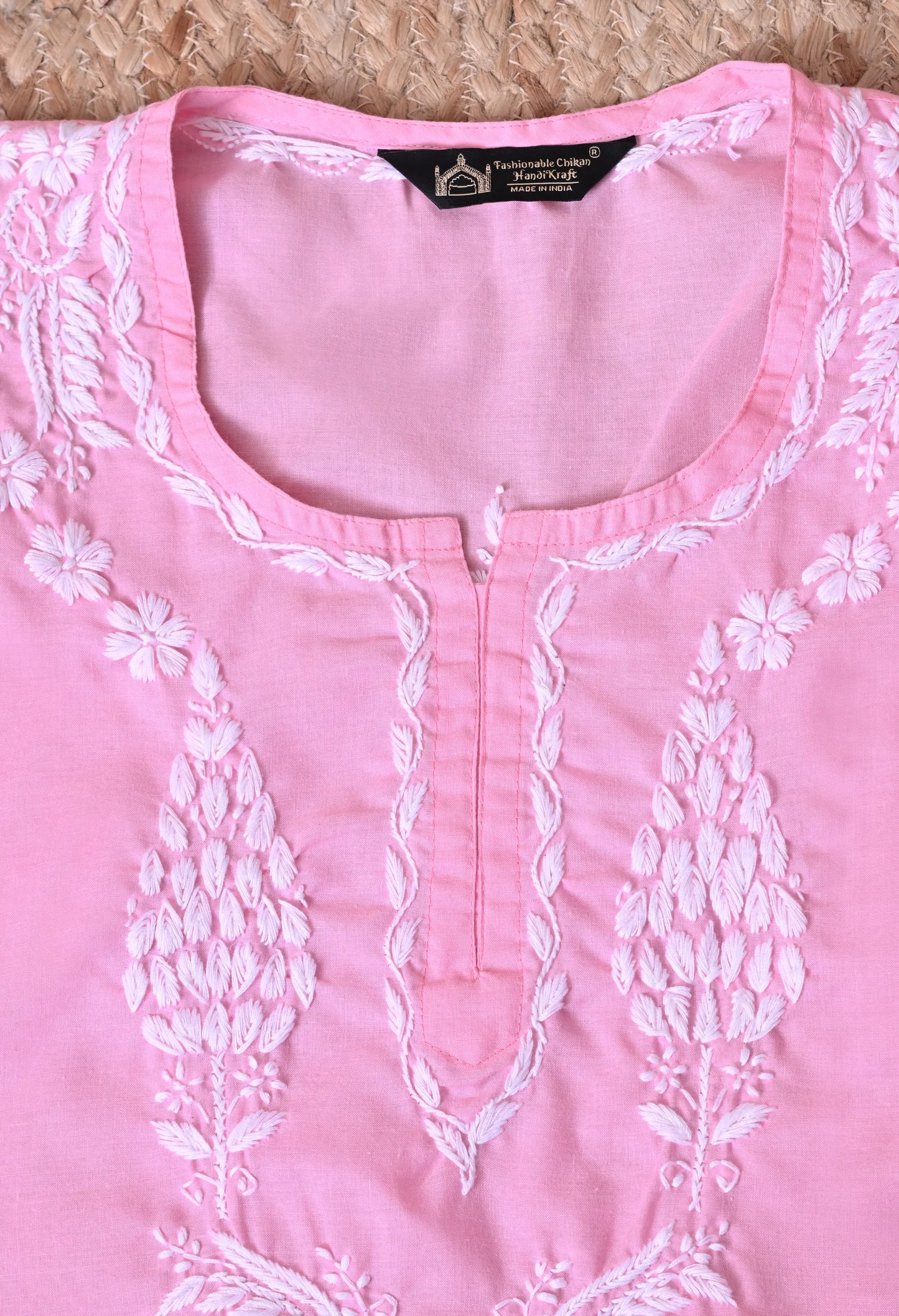Women Hand Embroidered Lucknowi Chikankari Cotton Straight Short Top | Baby Pink Colour