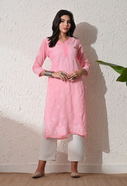 PURE COTTON CHIKAN HANDWORK LONG KURTI | PEACH
