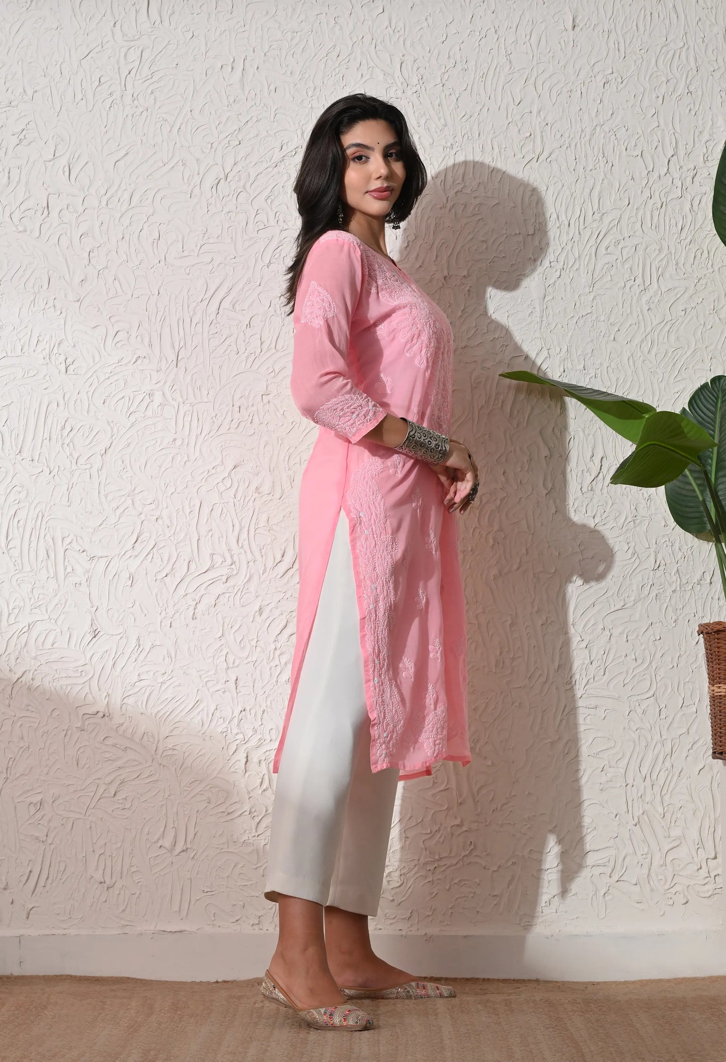 PURE COTTON CHIKAN HANDWORK LONG KURTI | PEACH