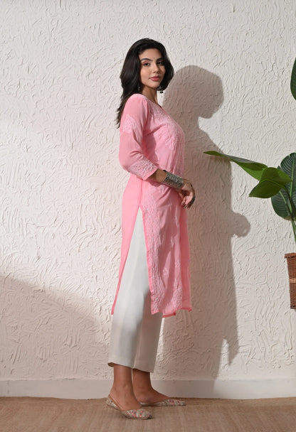 PURE COTTON CHIKAN HANDWORK LONG KURTI | PEACH