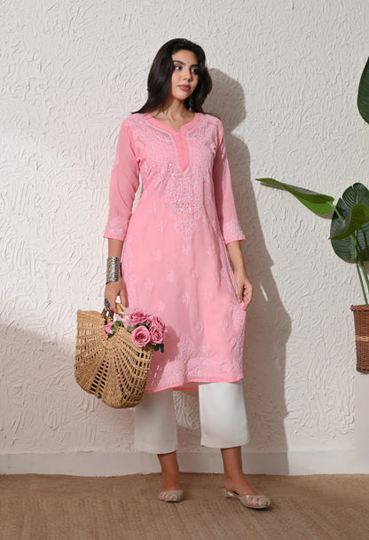 PURE COTTON CHIKAN HANDWORK LONG KURTI | PEACH