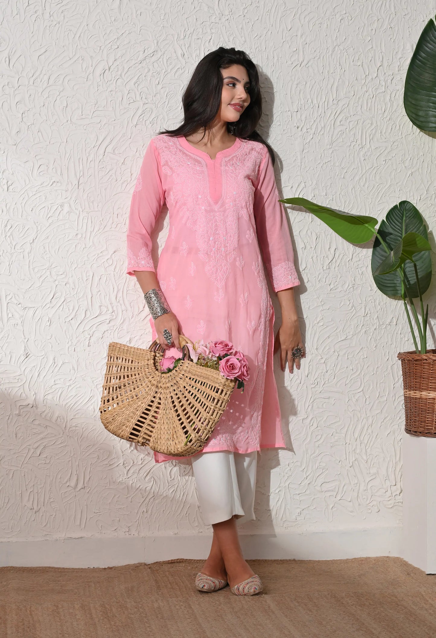 PURE COTTON CHIKAN HANDWORK LONG KURTI | PEACH