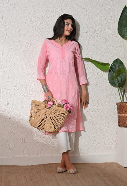 PURE COTTON CHIKAN HANDWORK LONG KURTI | PEACH
