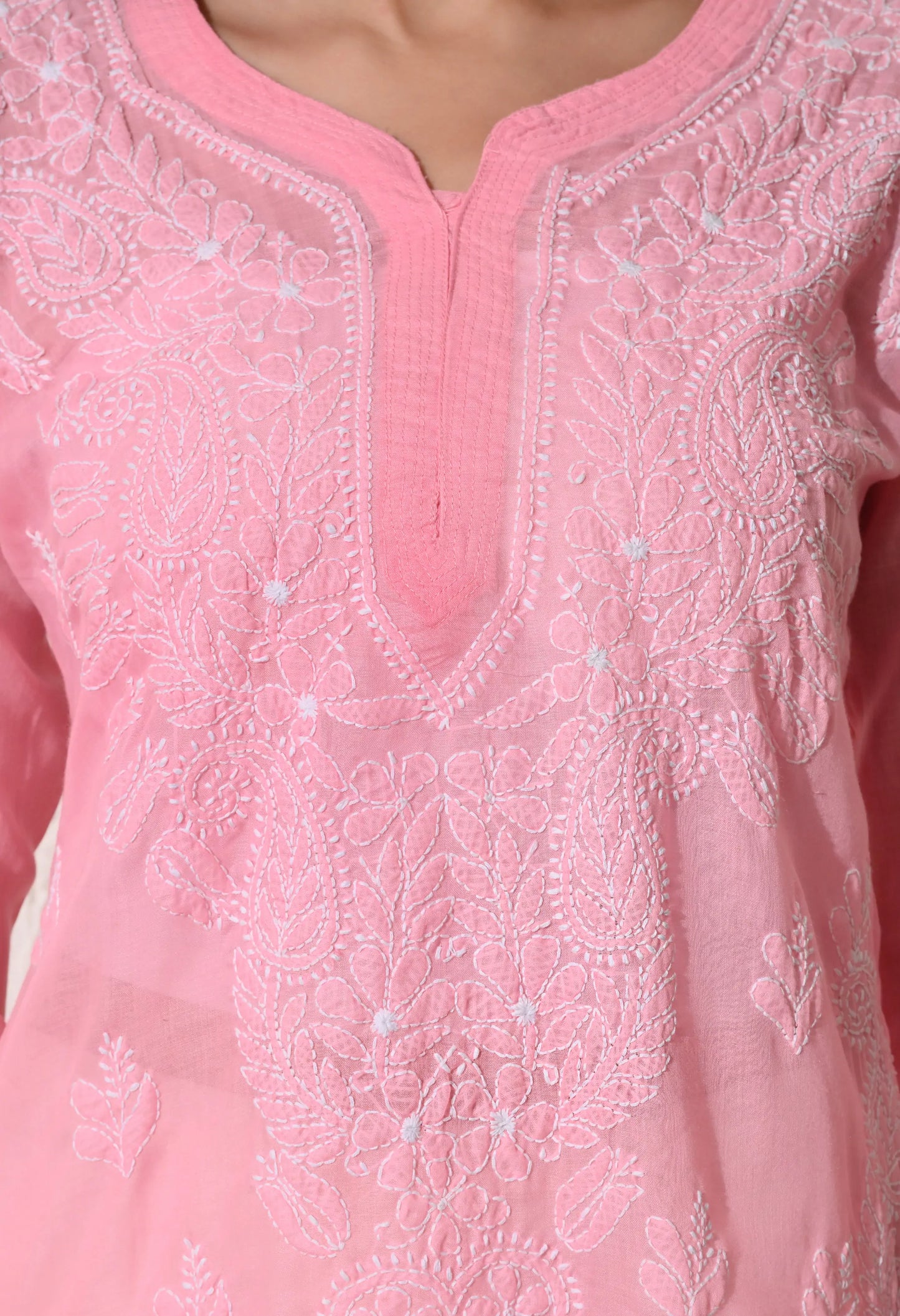 PURE COTTON CHIKAN HANDWORK LONG KURTI | PEACH