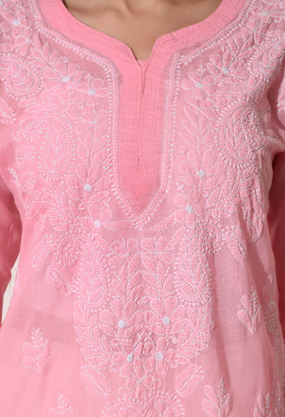 PURE COTTON CHIKAN HANDWORK LONG KURTI | PEACH