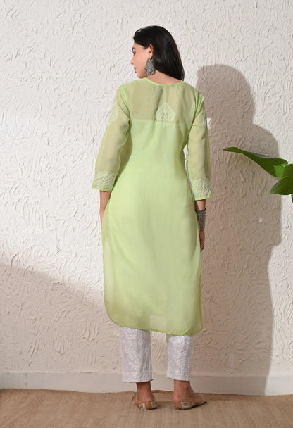 PURE COTTON CHIKAN HANDWORK LONG KURTI | PISTA GREEN