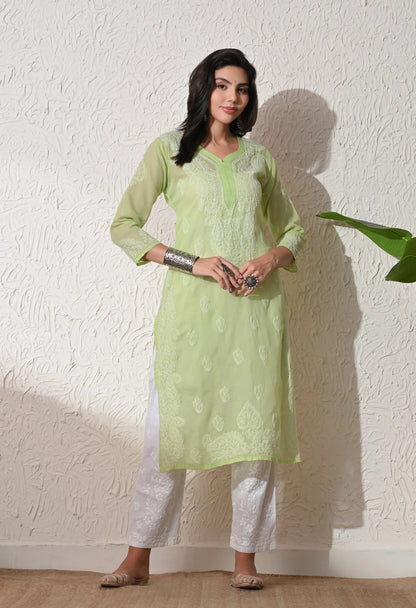 PURE COTTON CHIKAN HANDWORK LONG KURTI | PISTA GREEN