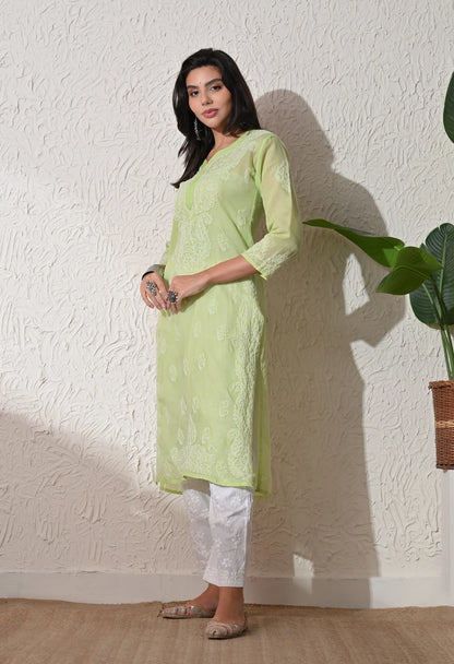 PURE COTTON CHIKAN HANDWORK LONG KURTI | PISTA GREEN