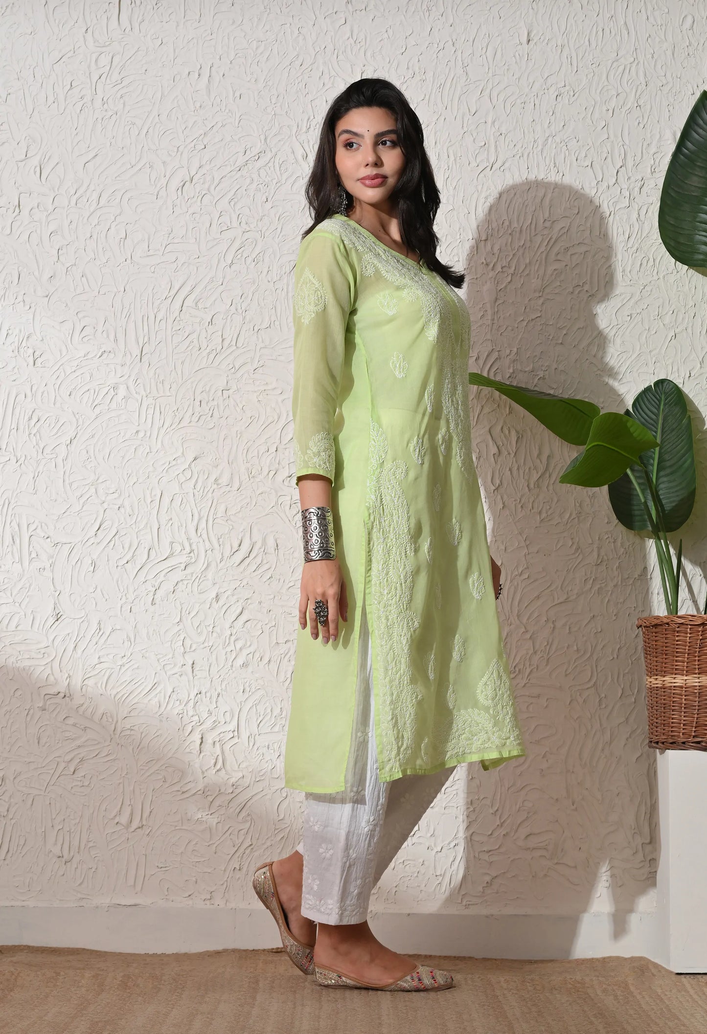 PURE COTTON CHIKAN HANDWORK LONG KURTI | PISTA GREEN
