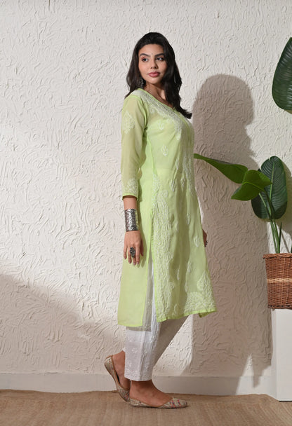 PURE COTTON CHIKAN HANDWORK LONG KURTI | PISTA GREEN