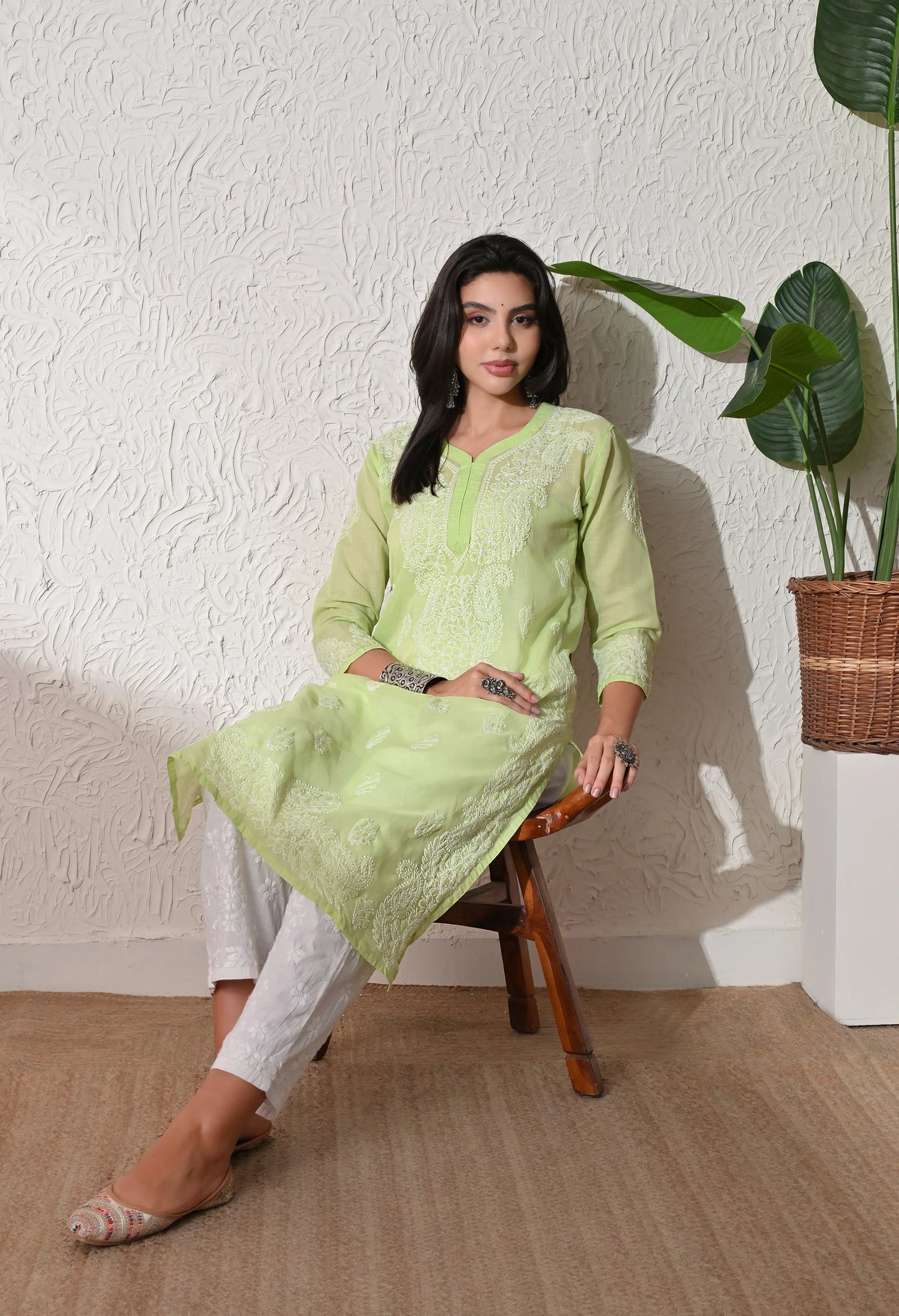 PURE COTTON CHIKAN HANDWORK LONG KURTI | PISTA GREEN