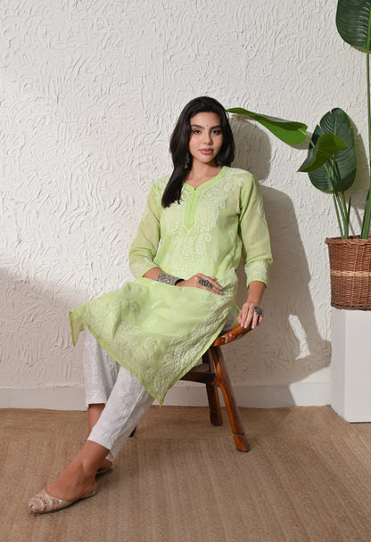 PURE COTTON CHIKAN HANDWORK LONG KURTI | PISTA GREEN