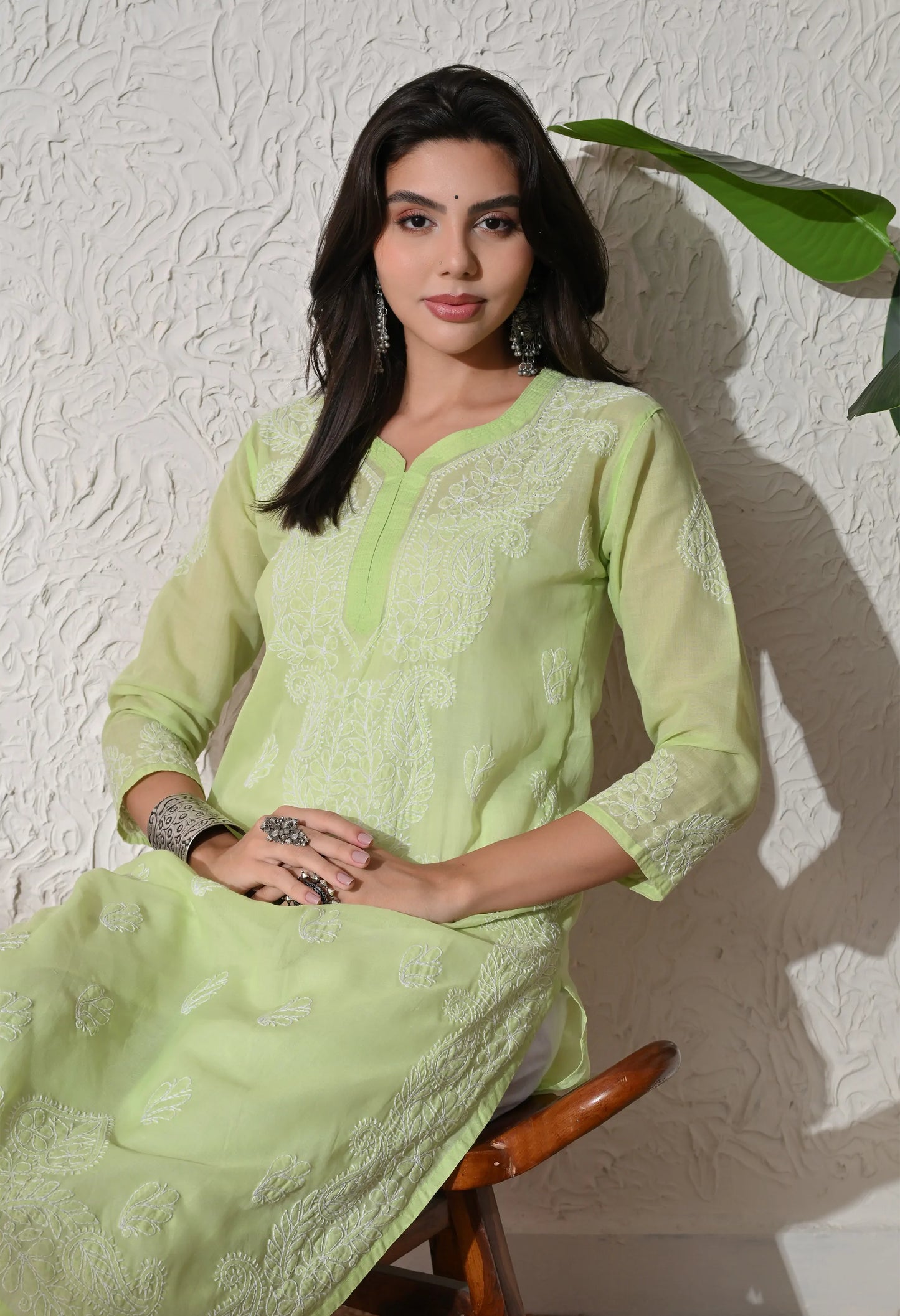 PURE COTTON CHIKAN HANDWORK LONG KURTI | PISTA GREEN