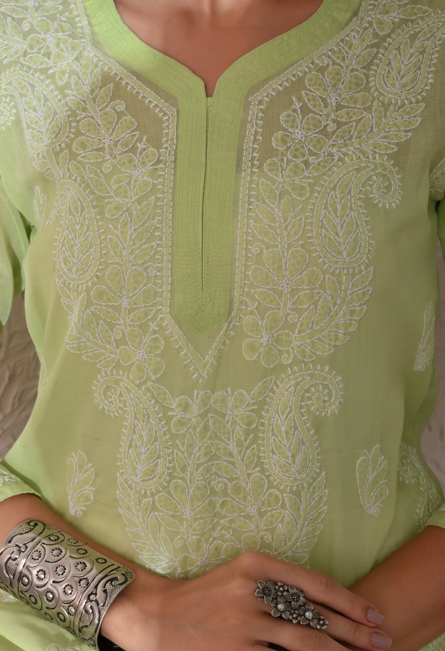 PURE COTTON CHIKAN HANDWORK LONG KURTI | PISTA GREEN
