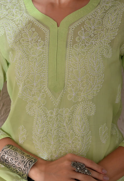 PURE COTTON CHIKAN HANDWORK LONG KURTI | PISTA GREEN