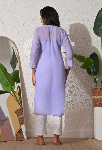 PURE COTTON CHIKAN HANDWORK LONG KURTI | PURPLE