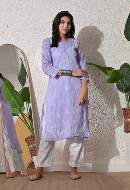 PURE COTTON CHIKAN HANDWORK LONG KURTI | PURPLE