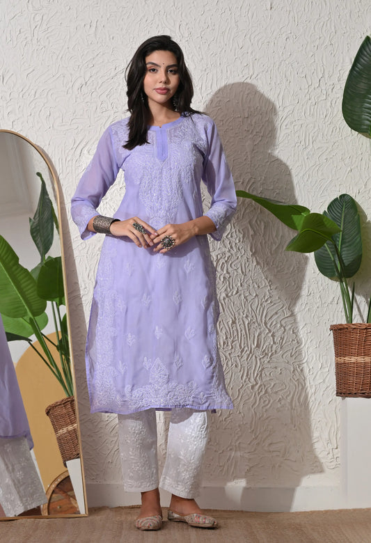 PURE COTTON CHIKAN HANDWORK LONG KURTI | PURPLE