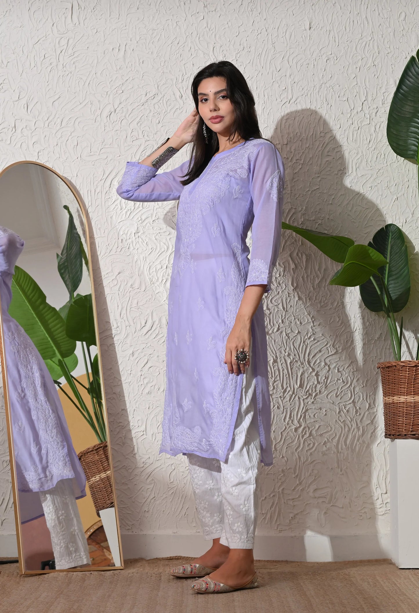 PURE COTTON CHIKAN HANDWORK LONG KURTI | PURPLE
