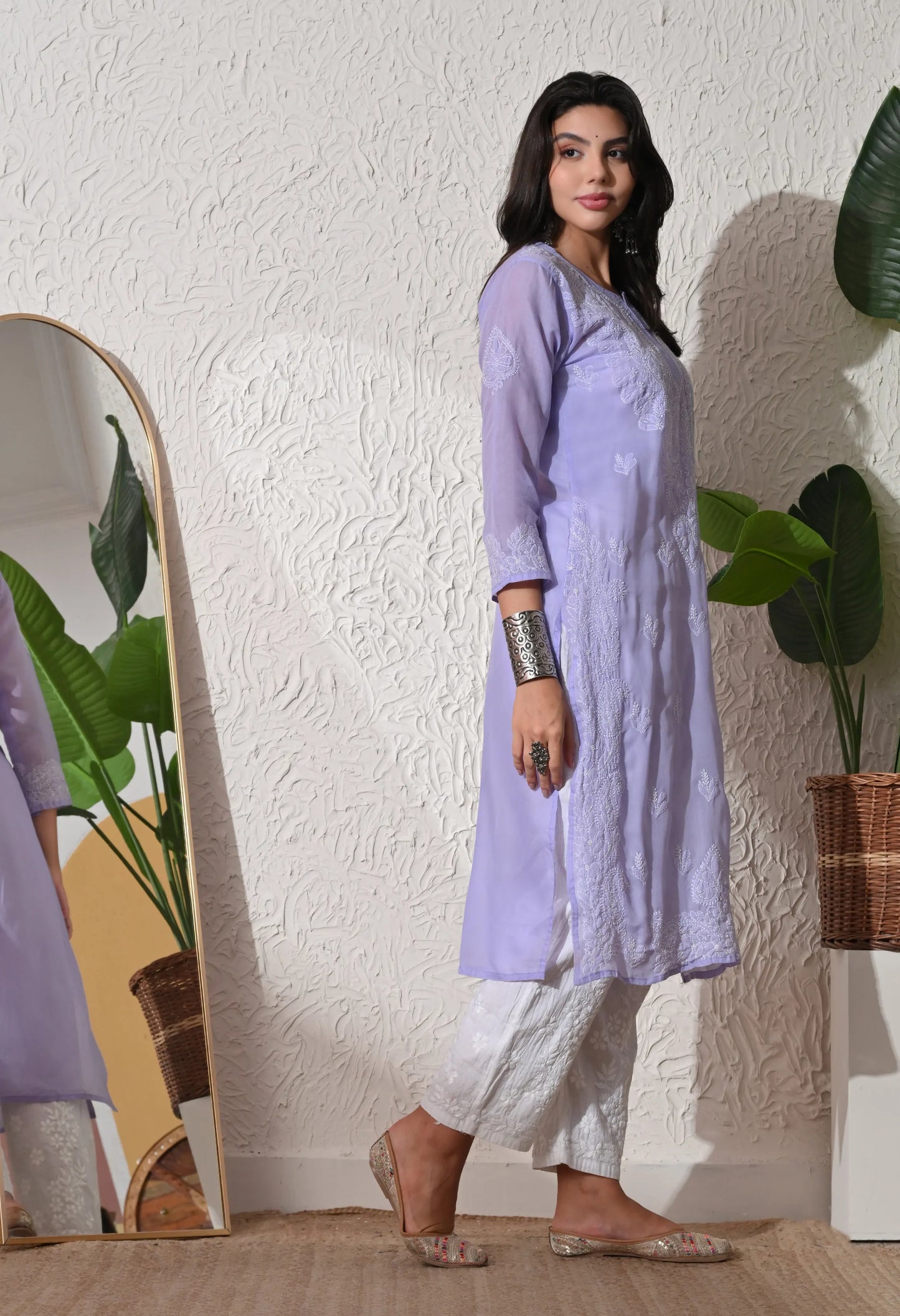 PURE COTTON CHIKAN HANDWORK LONG KURTI | PURPLE