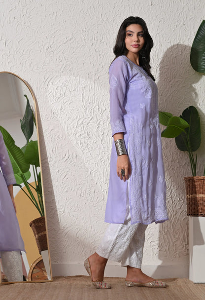 PURE COTTON CHIKAN HANDWORK LONG KURTI | PURPLE