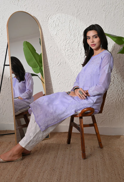 PURE COTTON CHIKAN HANDWORK LONG KURTI | PURPLE
