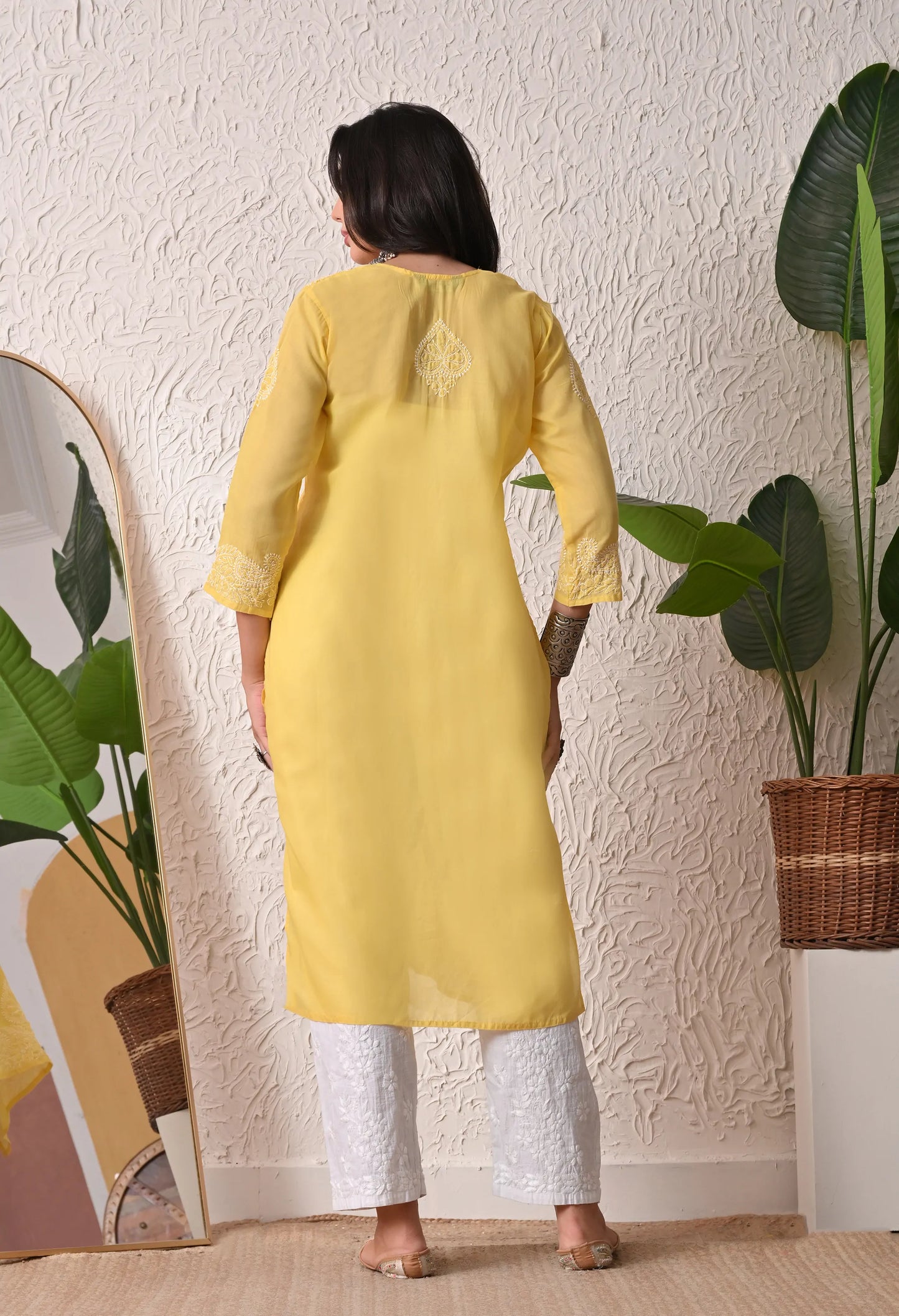 PURE COTTON CHIKAN HANDWORK LONG KURTI | YELLOW