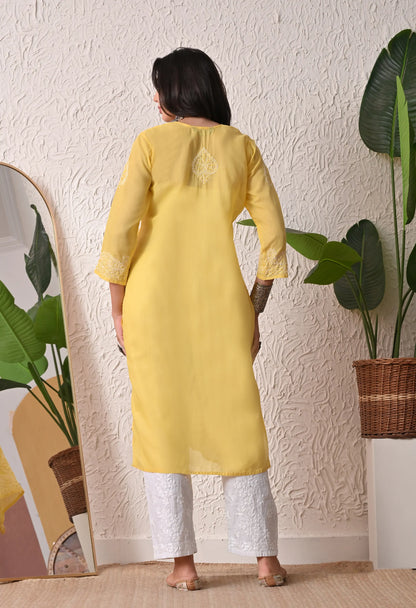 PURE COTTON CHIKAN HANDWORK LONG KURTI | YELLOW