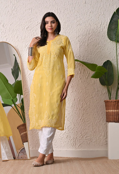 PURE COTTON CHIKAN HANDWORK LONG KURTI | YELLOW