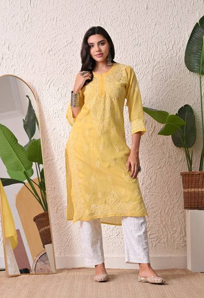 PURE COTTON CHIKAN HANDWORK LONG KURTI | YELLOW