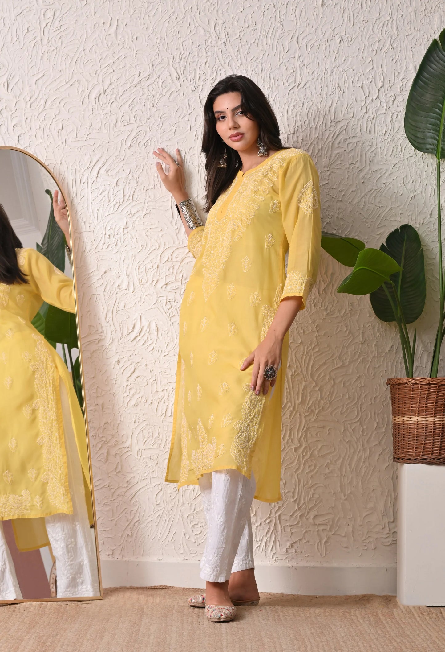 PURE COTTON CHIKAN HANDWORK LONG KURTI | YELLOW