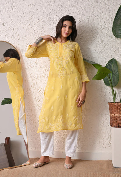 PURE COTTON CHIKAN HANDWORK LONG KURTI | YELLOW