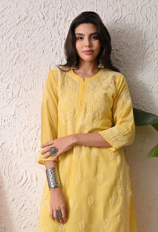 PURE COTTON CHIKAN HANDWORK LONG KURTI | YELLOW