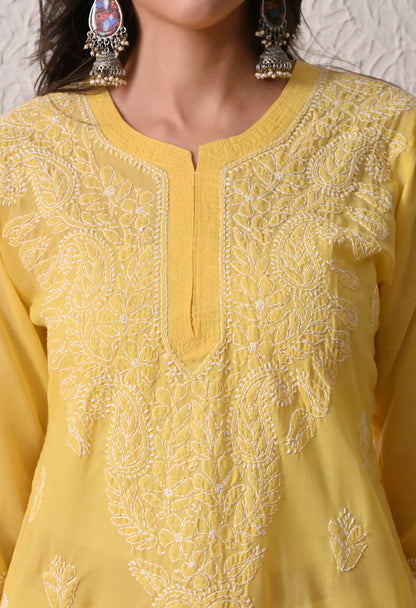 PURE COTTON CHIKAN HANDWORK LONG KURTI | YELLOW