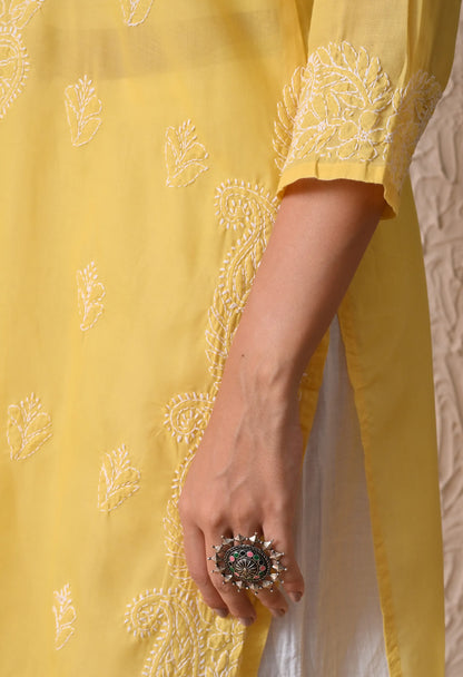 PURE COTTON CHIKAN HANDWORK LONG KURTI | YELLOW
