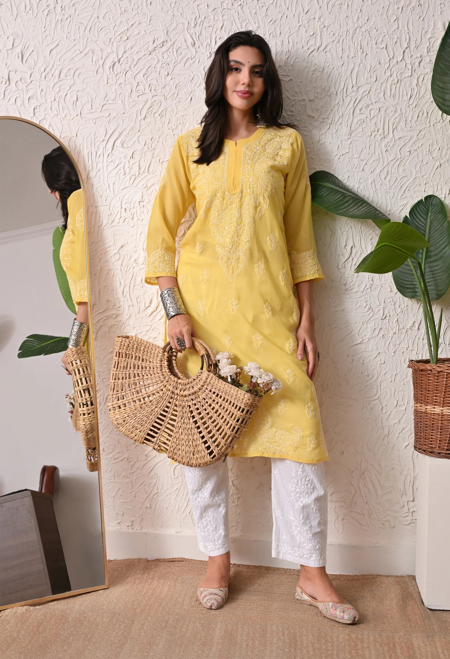 PURE COTTON CHIKAN HANDWORK LONG KURTI | YELLOW