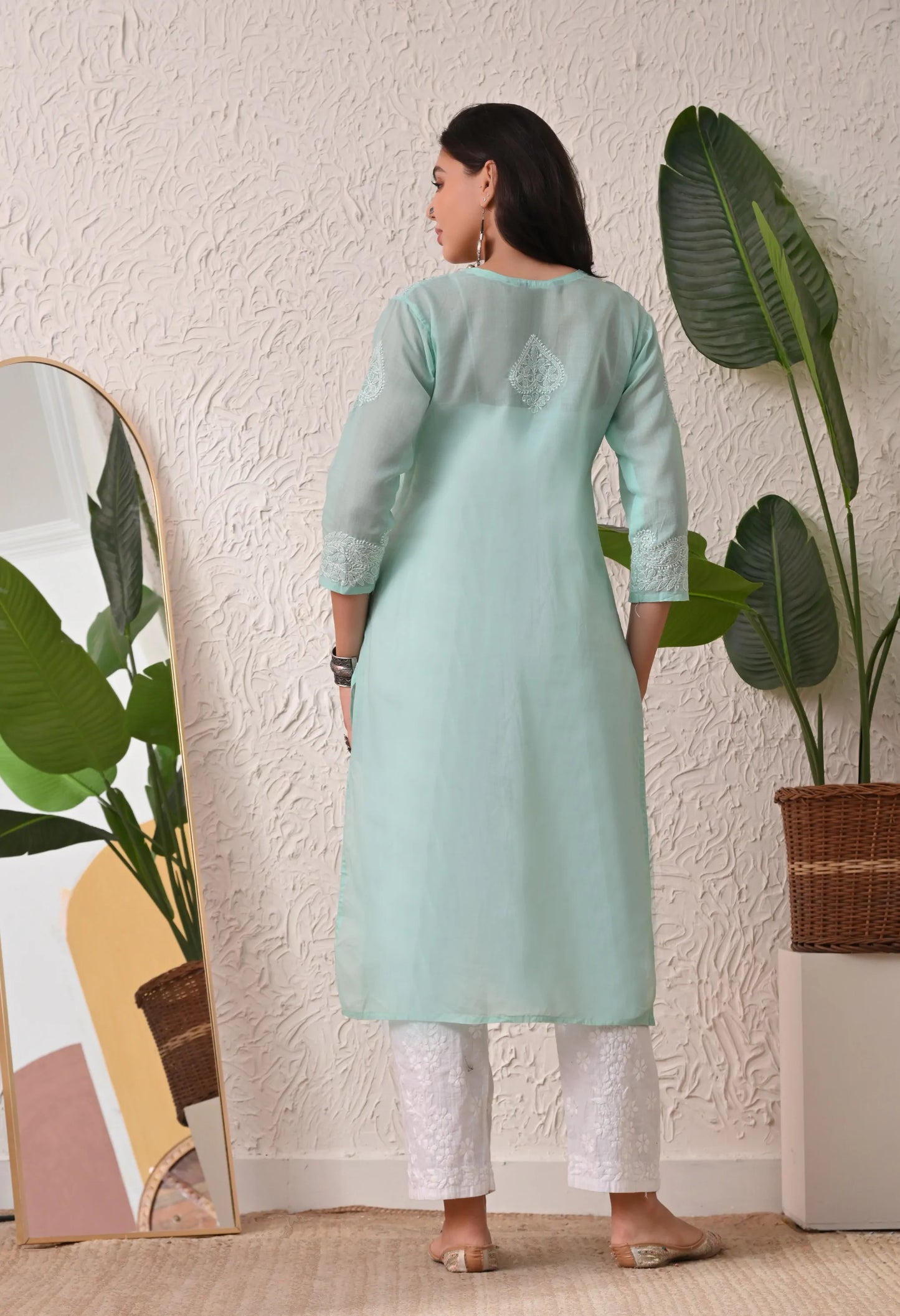 PURE COTTON CHIKAN HANDWORK LONG KURTI | MINT GREEN