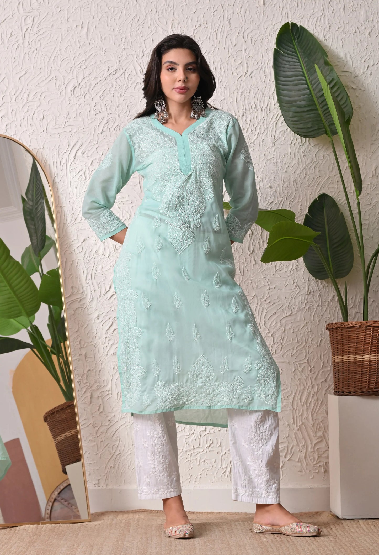 PURE COTTON CHIKAN HANDWORK LONG KURTI | MINT GREEN