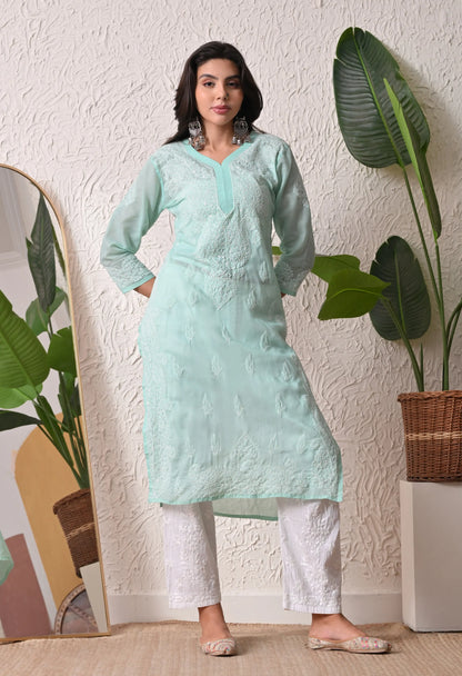 PURE COTTON CHIKAN HANDWORK LONG KURTI | MINT GREEN