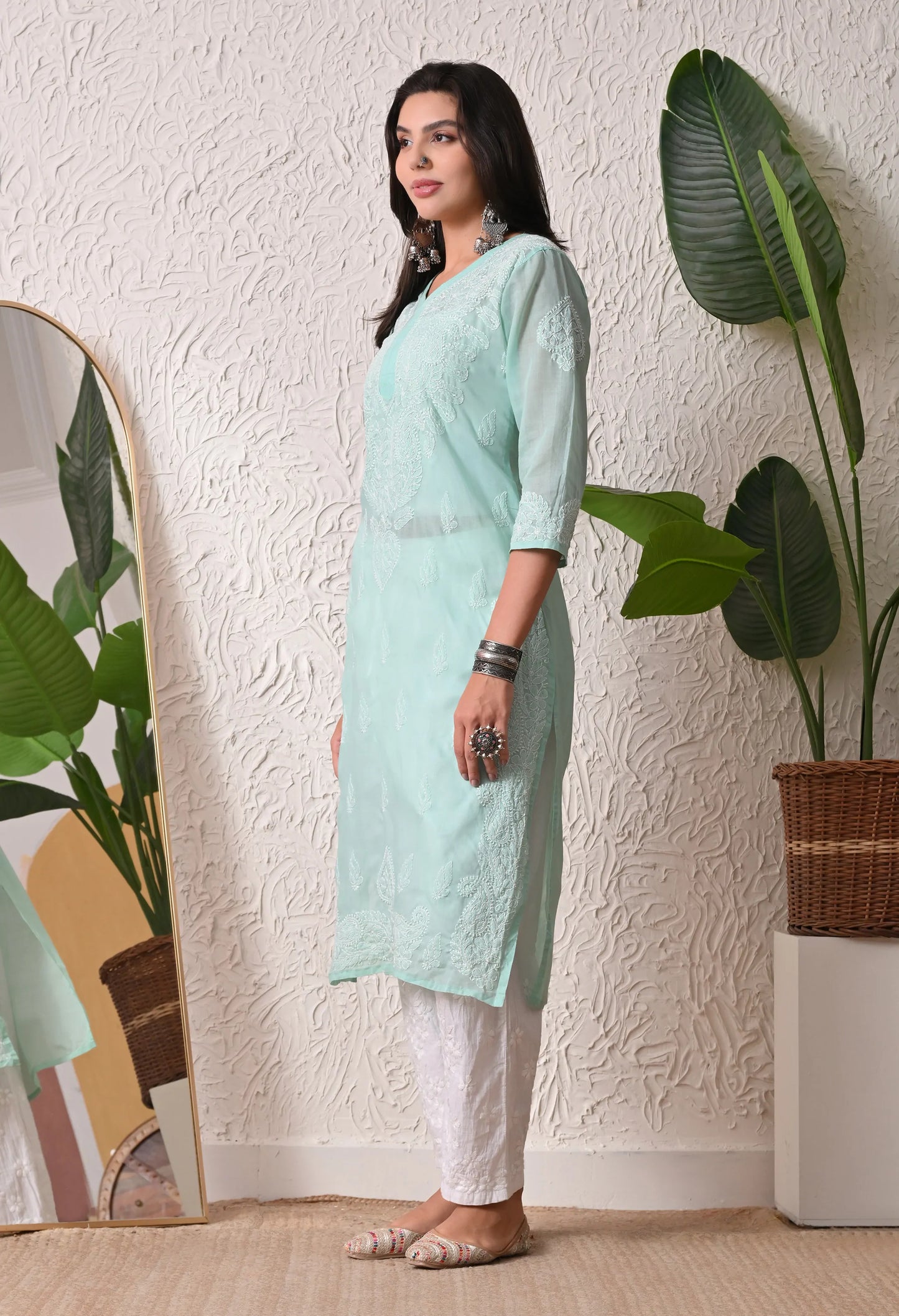 PURE COTTON CHIKAN HANDWORK LONG KURTI | MINT GREEN