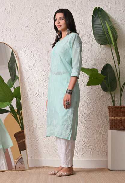 PURE COTTON CHIKAN HANDWORK LONG KURTI | MINT GREEN