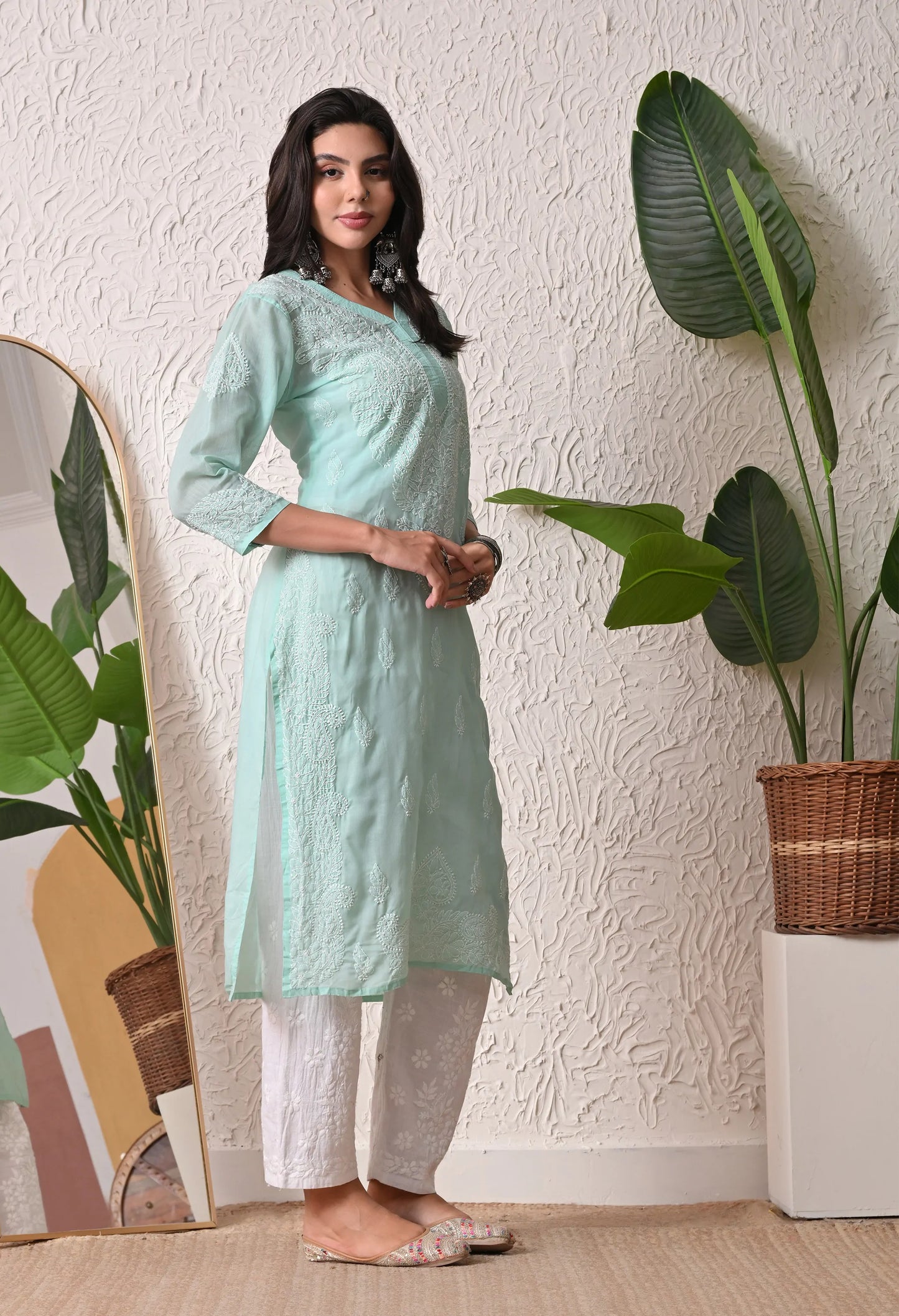 PURE COTTON CHIKAN HANDWORK LONG KURTI | MINT GREEN