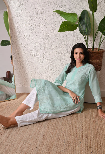 PURE COTTON CHIKAN HANDWORK LONG KURTI | MINT GREEN