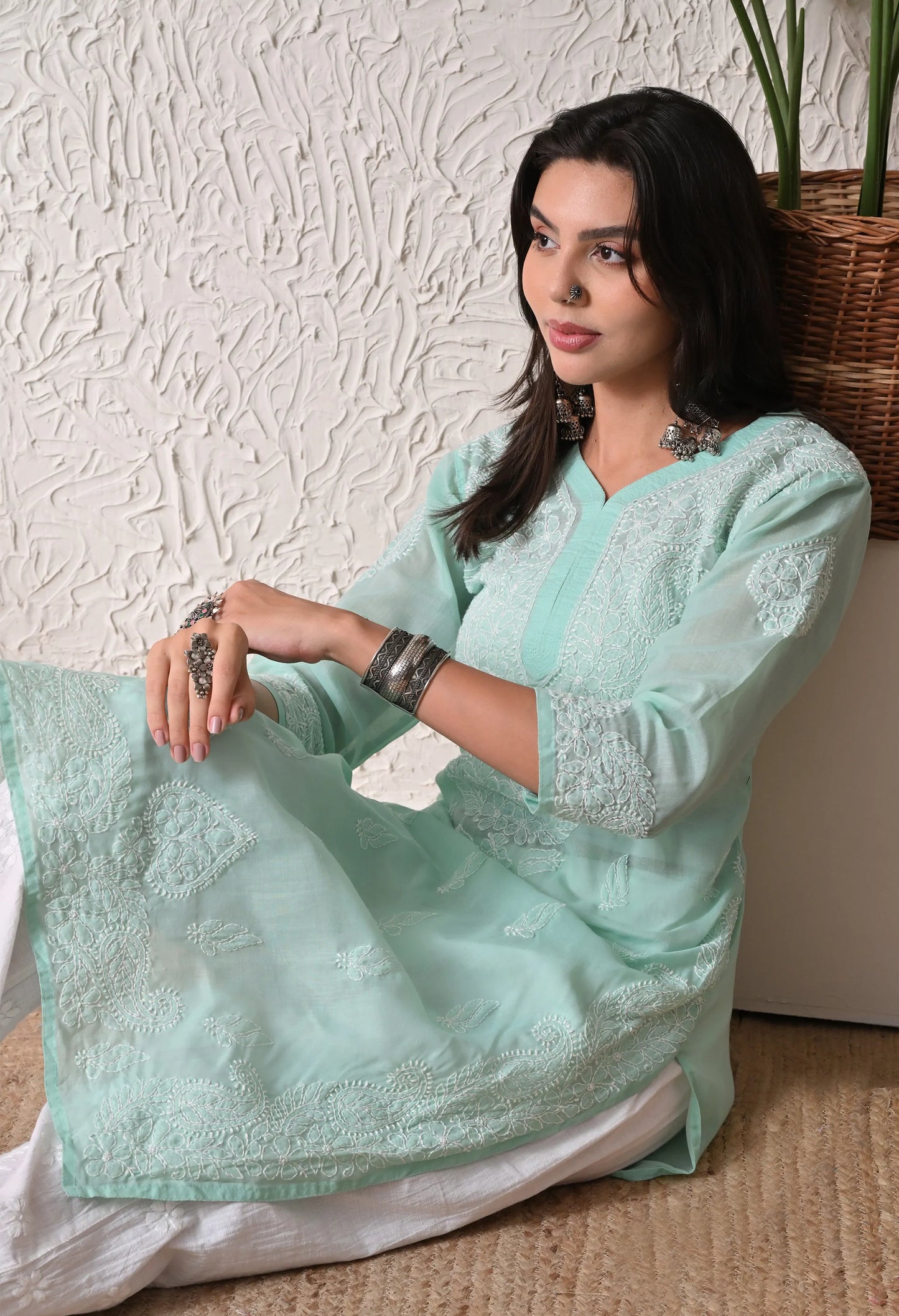 PURE COTTON CHIKAN HANDWORK LONG KURTI | MINT GREEN